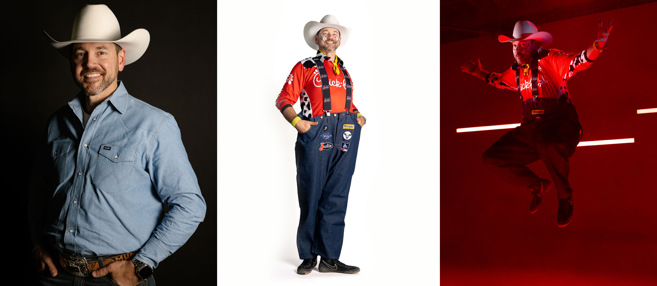 Un montaje fotográfico del barrendero profesional Matt Merritt, posando con diferentes atuendos y poses.